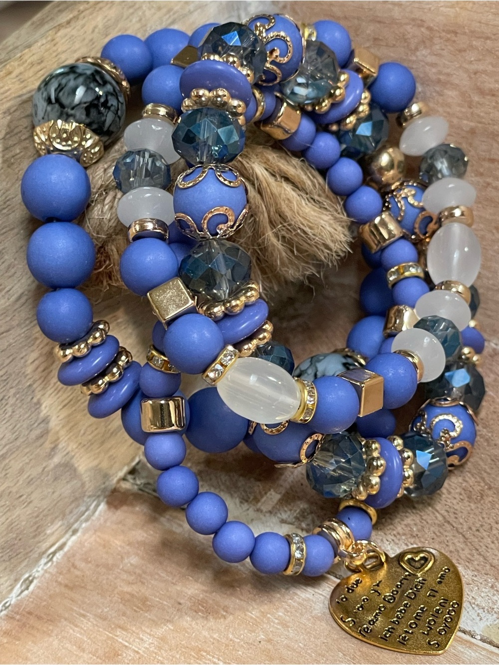 Blue Beaded Stackable Women’s Bracelet Set with Gold Accents